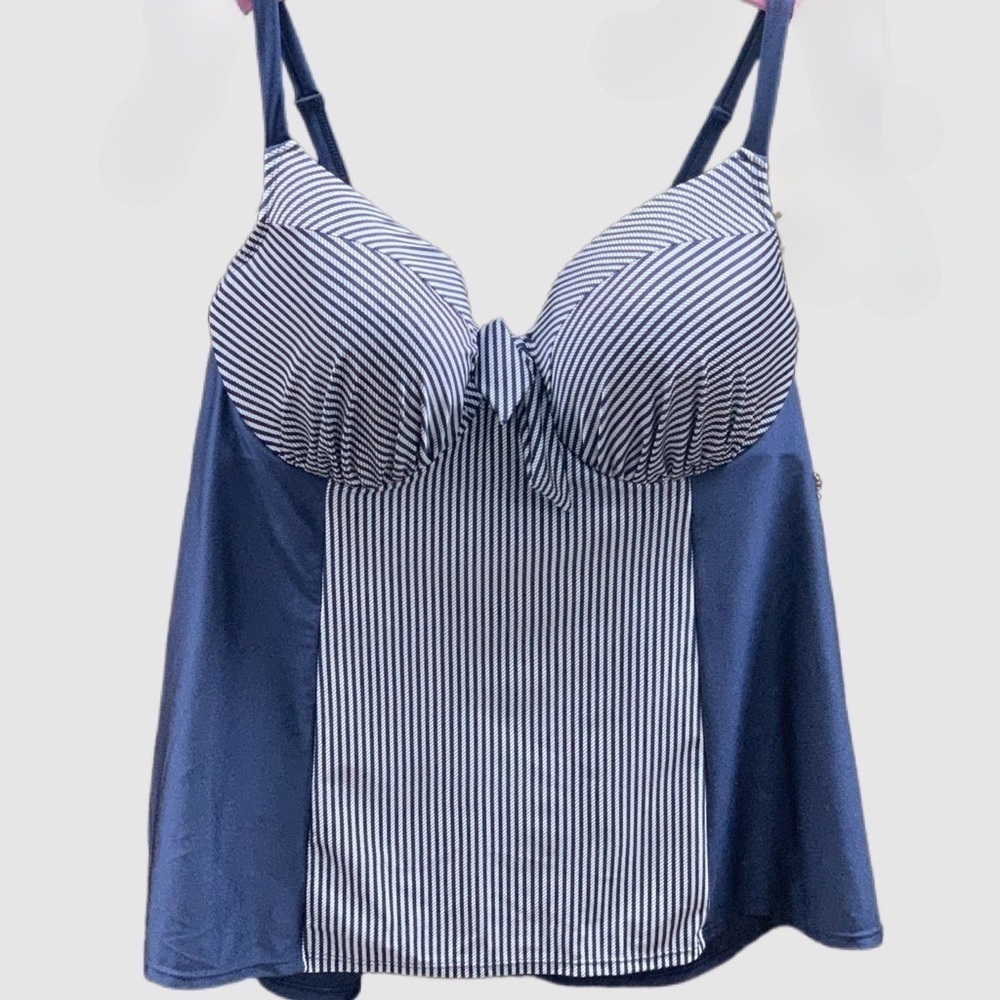 Swim by Cacique Tankini 42DD Underwire Balconette Swim Top Navy & White Stripes